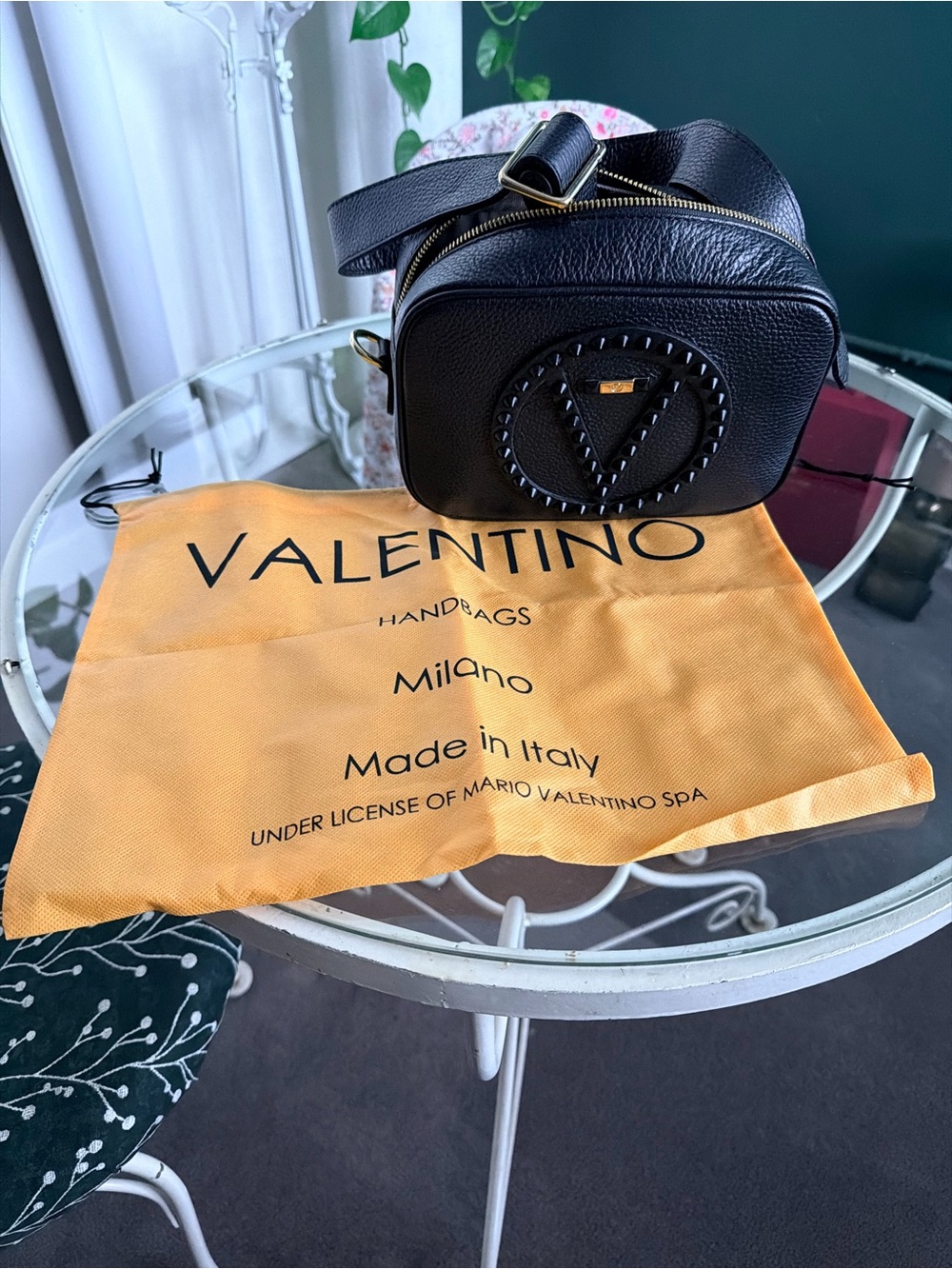Mario Valentino Black Leather Studded V Crossbody Camera Bag